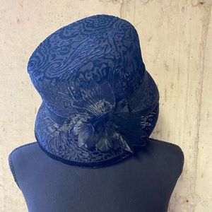 Velvet burn out black hat with ribbon and flower detailing